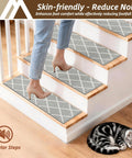 Person walking on Non Slip Stair Treads For Wooden Steps 9x28 Peel And Stick Indoor Runners 7 Pack Gray Kid And Pet Friendly Safe