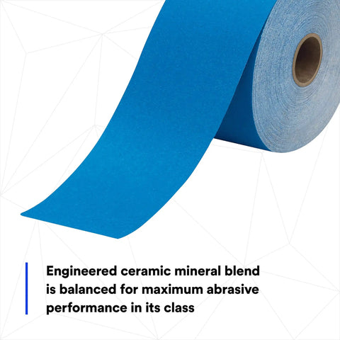 Stikit Blue Abrasive Sheet Roll 320 Grade No Hole 2 3 4 In X 45 Yd close-up showing blue ceramic blend texture