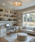 Home office with Rustic Farmhouse 3 Light Flush Mount Ceiling Light With Metal Cage Drum Shade, walnut wood finish.