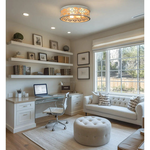 Home office with Rustic Farmhouse 3 Light Flush Mount Ceiling Light With Metal Cage Drum Shade, walnut wood finish.