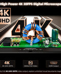 4K 30FPS HDMI Digital Microscope With 10.1 Inch Screen For Soldering And Coin Viewing 1500X Magnification 3840P UHD Video Audio 56 LED Ring Light Full Coin View PC View 64GB, close-up of PCB