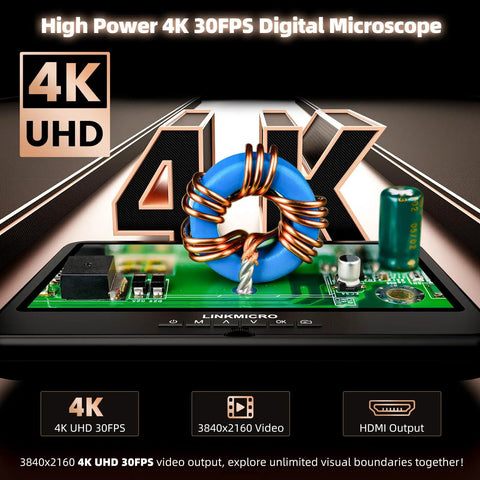 4K 30FPS HDMI Digital Microscope With 10.1 Inch Screen For Soldering And Coin Viewing 1500X Magnification 3840P UHD Video Audio 56 LED Ring Light Full Coin View PC View 64GB, close-up of PCB