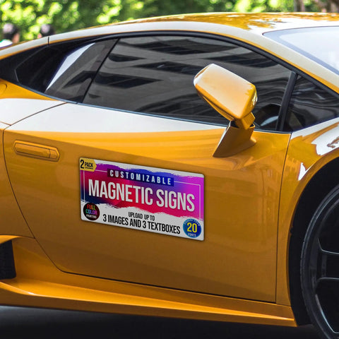 2 Pack 12x24 Custom Magnet Signs In Full Color For Business And Advertising, 30 Mil Vinyl Car Magnets on a yellow vehicle.