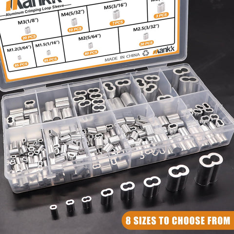 320 Piece Aluminum Crimping Loop Sleeve Kit With Eight Sizes From 3/64 Inch To 1/4 Inch for wire rope cable ferrules displayed in a box
