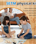 Children playing with a Wooden STEM Building Kit For Kids Ages 8 To 12 With Five Physics Models, in a home setting.