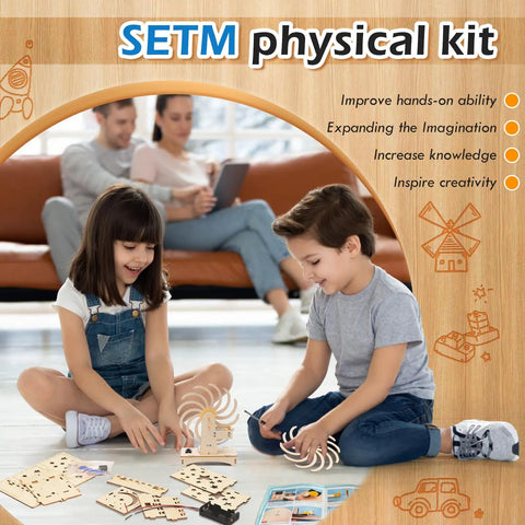 Children playing with a Wooden STEM Building Kit For Kids Ages 8 To 12 With Five Physics Models, in a home setting.