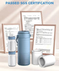 Portable Breast Milk Cooler Bottle With Digital Temp Display Keeps Nursing Bottles Fresh For Twenty Four Hours Using Swift Chill Cooling Tech No Sweat Design Blue, shown with SGS certification papers.
