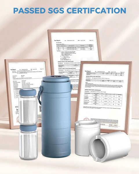 Portable Breast Milk Cooler Bottle With Digital Temp Display Keeps Nursing Bottles Fresh For Twenty Four Hours Using Swift Chill Cooling Tech No Sweat Design Blue, shown with SGS certification papers.