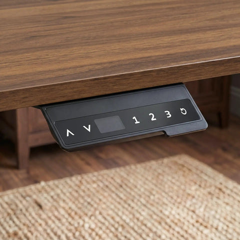 Control panel of Cool L Shaped Electric Standing Desk With Brown And Black Finish, featuring height adjustment options.