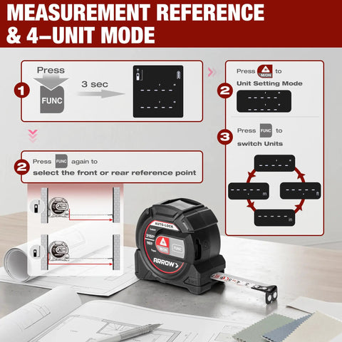 2-in-1 Laser Tape Measure With 215 Ft Laser Distance Meter And 16 Ft Manual Tape For Quick Long Range And Precise Short Range Readings, Durable Handheld Tool For Builders And DIYers showing unit settings and reference modes