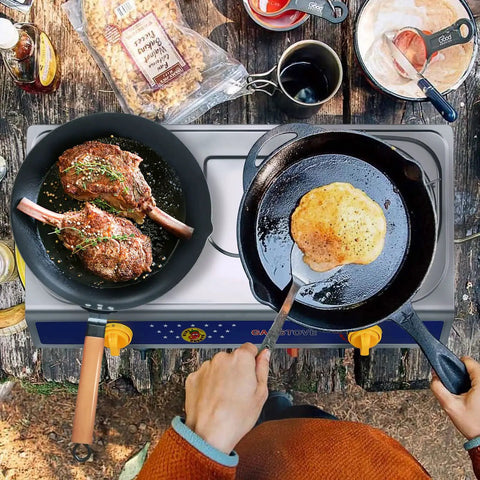 Cooking on Two Burner Portable Propane Stove With Auto Ignition 20000 BTU Stainless Steel Outdoor Cooktop With Regulator And Hose