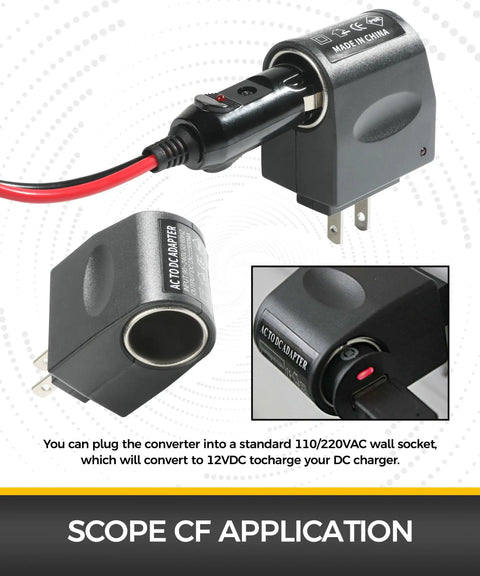 Slick AC To DC Converter Cigarette Lighter Adapter For Wall Plug Ride Ready Car Charger 120V To 12V Plug And Play Power Brick side view with standard wall plug.