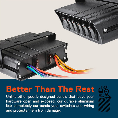 Side view of 6 Gang 12V Rocker Switch Box with 40 Amp Max, heavy duty aluminum housing and visible wiring for auto marine use.