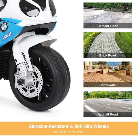 BMW Licensed 6V Ride On Motorcycle For Kids With Music, Foot Pedal Acceleration, Front Headlight, Leather Seat Cushion, 3 Wheel Battery Powered Tricycle Toy, Safe Metal Frame, Sapphire Color front wheel and all-terrain use
