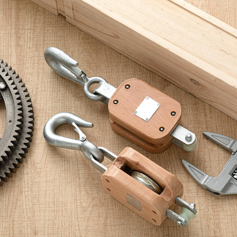 Two Pack Four Inch Wood Manila Rope Pulley Block With Hook Single Wheel Cable Pulley Half Inch Rope Two And A Quarter Inch Sheave 1000 Lbs WLL for light industrial use.