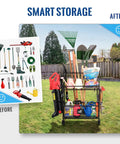 Deluxe Tower Garden Tool Organizer With Wheels holding shovels, rakes, and tools, showing outdoor use and smart storage capability