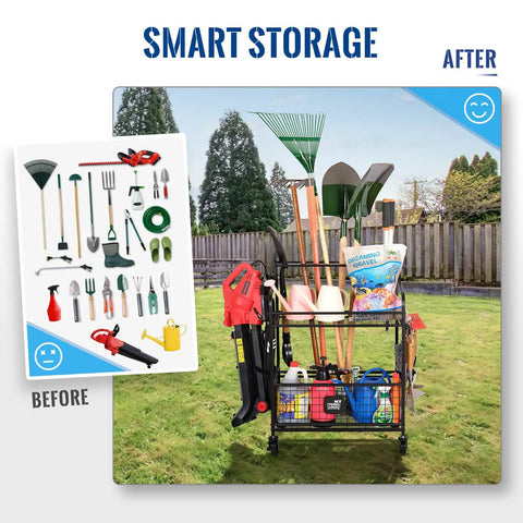 Deluxe Tower Garden Tool Organizer With Wheels holding shovels, rakes, and tools, showing outdoor use and smart storage capability