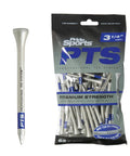 PTS Titanium Strength Wooden Golf Tees 65 Count Two And Three Quarter Inch Pro Grade Tee Set With 8 Percent Thicker Shaft for Extra Strength And Consistent Tee Shots Every Round package and single tee image