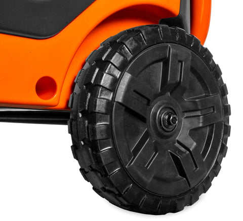 Close-up of the durable wheel of the Rock Solid 13000 Watt Tri Fuel Inverter Generator with rugged tread for easy mobility.