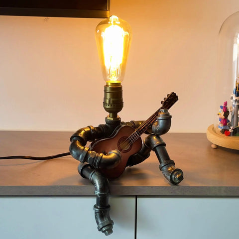 Steampunk Guitar Table Lamp For Music Lovers, Industrial Pipe Edison Bulb Nightstand Light, Retro Metal Guitar Decor