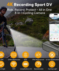 Cyclist using 4K 30Fps Action Camera With GPS Tracker For Cyclists, featuring live speedometer display and IP65 waterproof light.