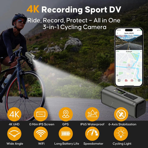 Cyclist using 4K 30Fps Action Camera With GPS Tracker For Cyclists, featuring live speedometer display and IP65 waterproof light.
