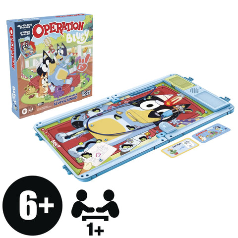 Legit Awesome Bluey Pediatrician Board Game For Kids Featuring Electronic Talking Sound Effects And All In One Carry Case With Two Play Modes And Super Chill Family Fun For Ages 6 Plus Totally Rad Interactive Playtime, game board and box.