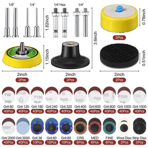 540 Pack Two Inch Sanding Discs Kit With Backer Plate For Drill And Rotary Tools shown with assorted shanks and grits