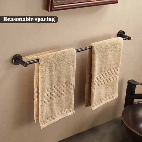 Adjustable Bronze Towel Bar 15 To 24 Inches, Wall Mounted Towel Rack For Bathroom, Oil Rubbed Finish holding two beige towels