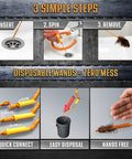 Image showing the Heavy Duty Professional Killer Slick 360 Rotating Drain Snake steps: insert, spin, remove for easy clog cleaning.