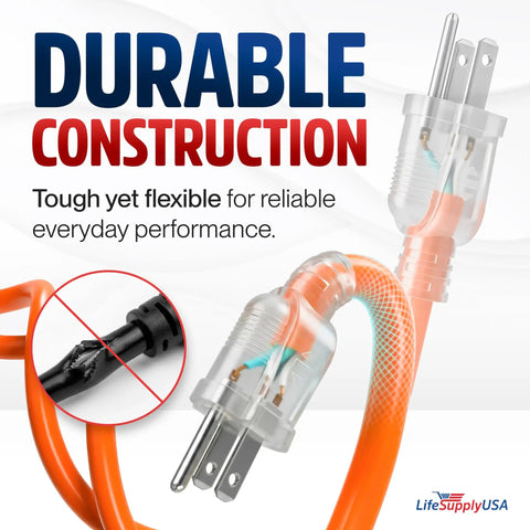 Close-up of 100ft Outdoor Indoor Extension Cord Heavy Duty 14/3 Gauge 3 Prong SJTW Waterproof ETL Listed Flexible Cold-Resistant