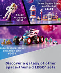 Space-themed LEGO sets including astronaut, Mars base, and explorer rover models on a colorful galaxy background.