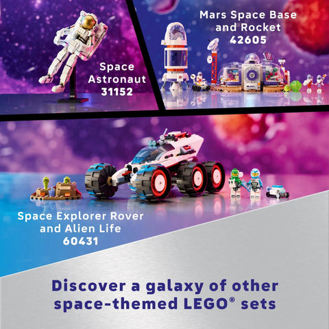 Space-themed LEGO sets including astronaut, Mars base, and explorer rover models on a colorful galaxy background.