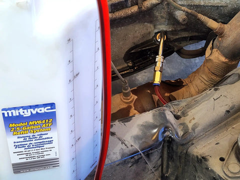 All-In-One ATF Refill Kit For MV7201 Fluid Extractor With Brass Ball Valve And Quick-Change Coupler in use on vehicle