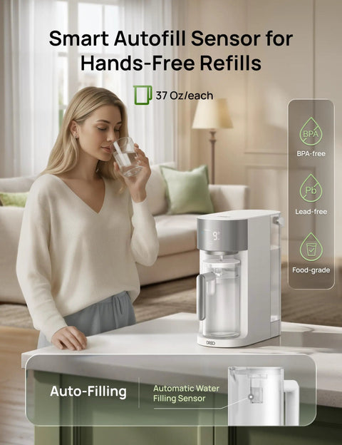 Woman using Countertop Reverse Osmosis Water Filter With 7 In 1 Purification, Auto Fill Pitcher on kitchen counter