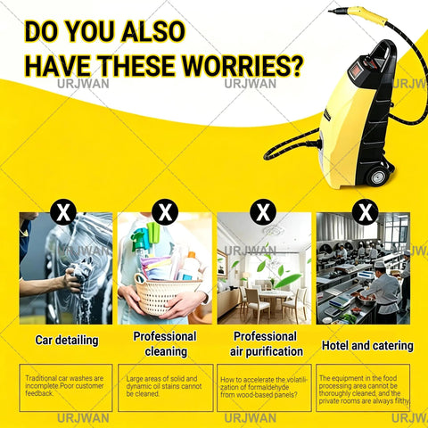 Heavy Duty High Temp Steam Cleaner For Home And Cars. Quick 60 Second Heat Up Multi-Use Steam Washer with yellow and black design.