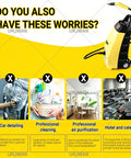 Heavy-Duty Portable Steam Cleaner With 6 Accessories High Pressure Handheld Steamer For Home Kitchen Tile Grout Car Upholstery Fast Heat Up Multi-Surface Floor And Carpet Cleaning Machine Yellow displayed in a promotional graphic.
