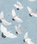 Blue Halcyon Crane Peel And Stick Wallpaper with cranes flying on a marbled blue background, 20.5 in by 18 ft roll, renter friendly.