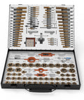 SAE And Metric Coated Bearing Steel Tap And Die Rethreading Kit 131 Piece Set open case showing taps, dies, and tools