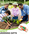 Family gardening with Hoe And Cultivator Garden Rake With 14 Inch Wooden Handle And Sharp Hoe Blade for soil work; gift inset.
