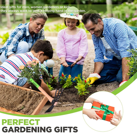 Family gardening with Hoe And Cultivator Garden Rake With 14 Inch Wooden Handle And Sharp Hoe Blade for soil work; gift inset.