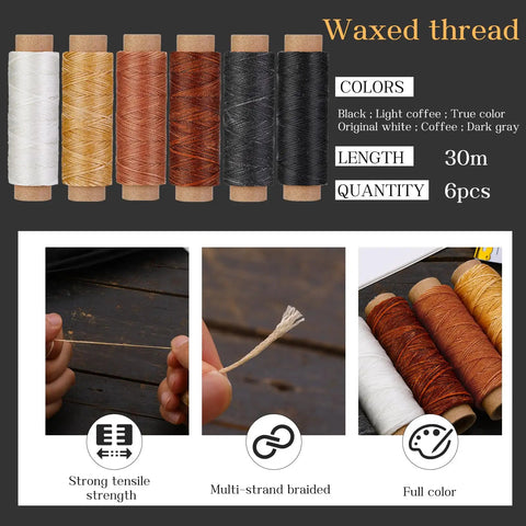 Six spools of waxed thread in various colors; part of 40 Piece Sewing Awl Kit With Storage Bag For Leather DIY Repair.
