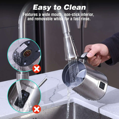 4 In 1 Milk Frother And Steamer For Home Barista-Grade Drinks being rinsed under a kitchen faucet, showing removable parts