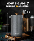 French Press Coffee Maker 34 Oz Built Tough With Solid Wood Handle, 8.6in tall, 4.1in wide, showcasing dual bronze filter.