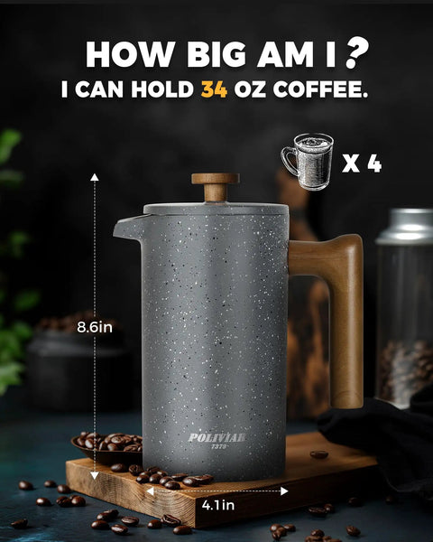 French Press Coffee Maker 34 Oz Built Tough With Solid Wood Handle, 8.6in tall, 4.1in wide, showcasing dual bronze filter.