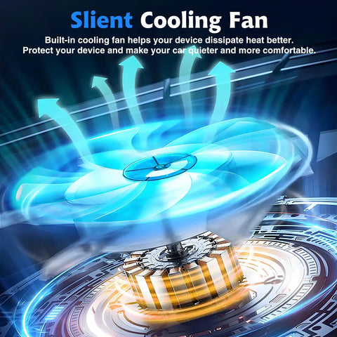Silent cooling fan with blue lights and turbine design, part of a device for improved heat dissipation and comfort.