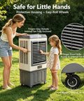 Heavy Duty Evaporative Air Cooler With 5885 CFM Big Blast Airflow And 26 Gal Tank Portable Swamp Cooler 120 Oscillation 3 Speed Keeps Your Patio Chill, safe for kids with protective housing.