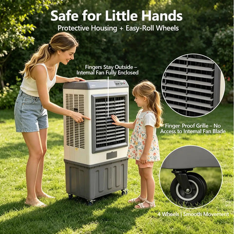 Heavy Duty Evaporative Air Cooler With 5885 CFM Big Blast Airflow And 26 Gal Tank Portable Swamp Cooler 120 Oscillation 3 Speed Keeps Your Patio Chill, safe for kids with protective housing.