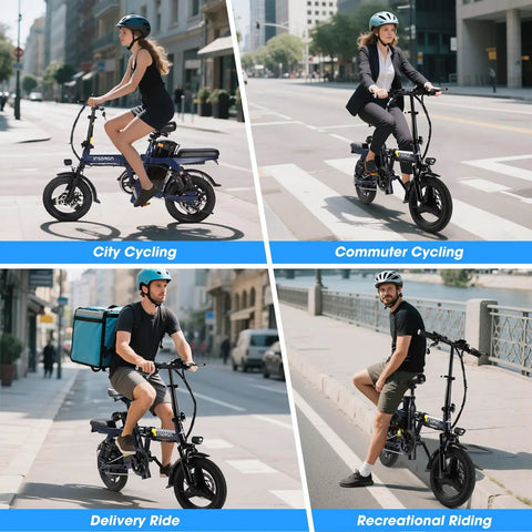 Riders using a Foldable 14 Inch Electric Bike With A 650W Peak Motor That Powers You To 20 MPH, 28 Mile Range in urban settings