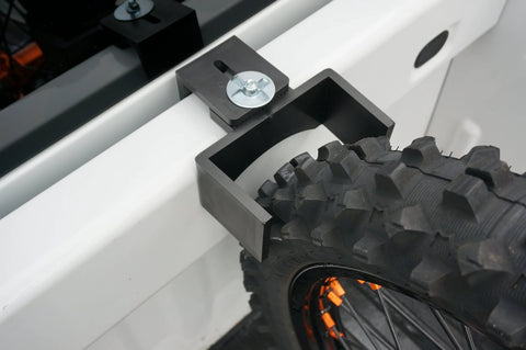 Universal Tire Wedge Wheel Guide For Motorcycle And Bicycle Transport On Trucks No Drill Clamp On Wheel Chock installed